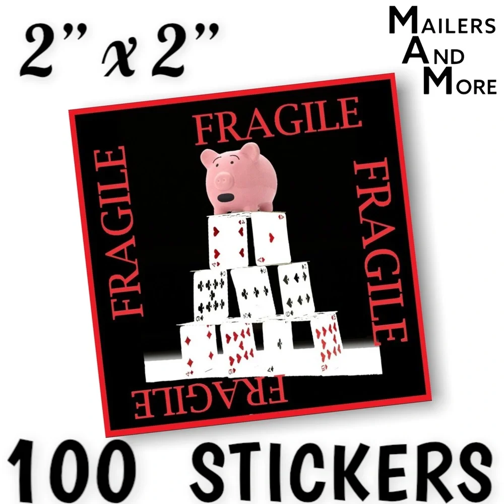 100 FRAGILE Stickers, Pig & Cards, High Gloss, Square, PRICE IS FIRM